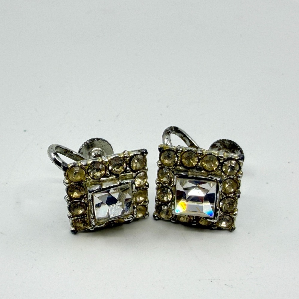 Vintage Square Crystal Screw Back Earrings Statement Glitz Jewelry Boho Glam